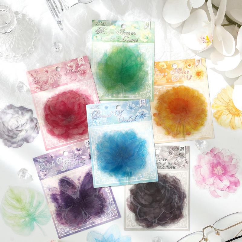 20-Piece Translucent Colored Flower Stickers, Pastel & Vivid Flower Patterns, Self-Adhesive for Journal Decoration