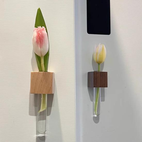 Wooden Refrigerator Magnet with Test Tube Mini Vase Flowers Plants Holder Fridge Magnet Home Office Kitchen Locker