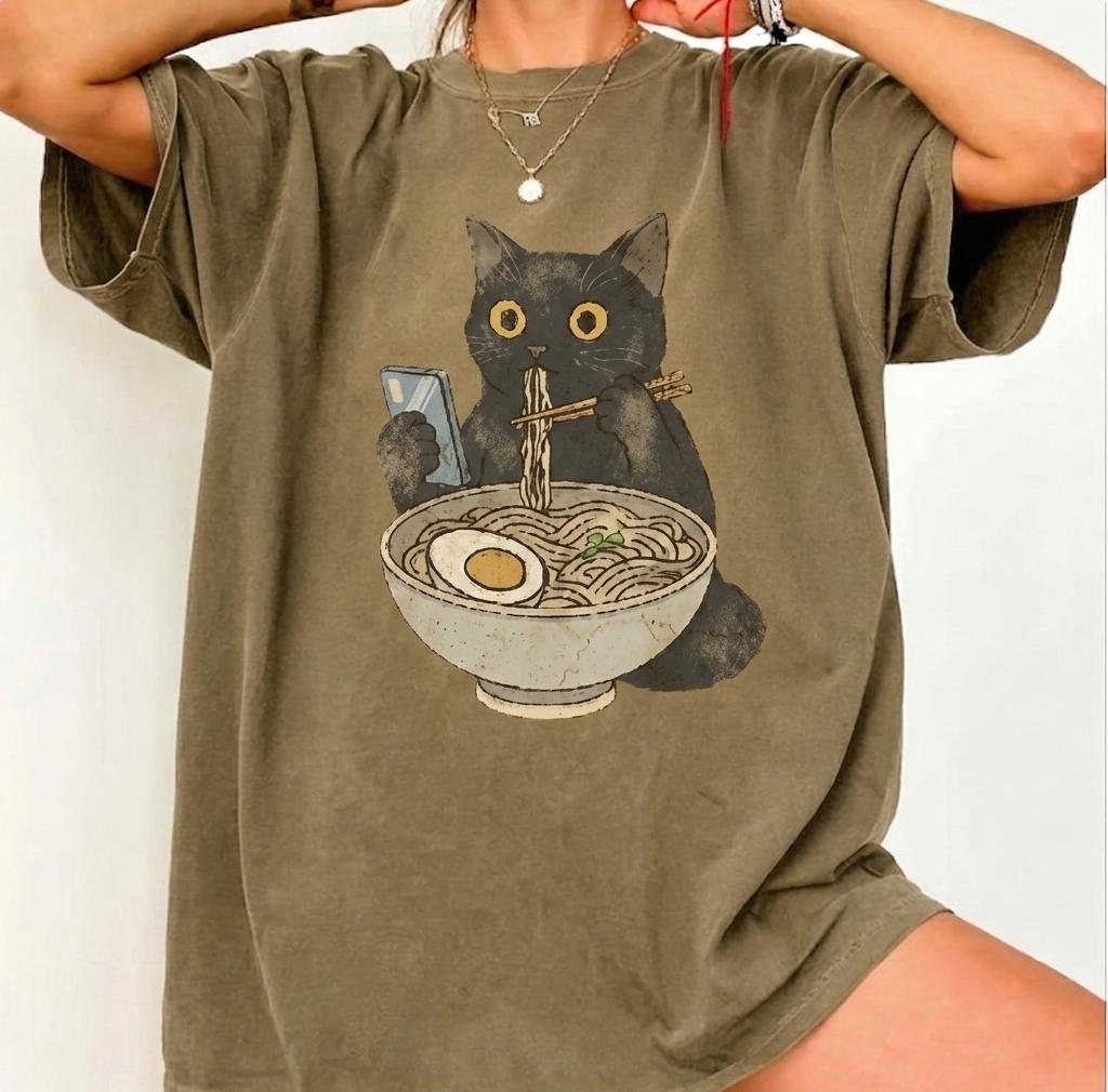 Comfort Colors Cat Ramen T-Shirt, Black Cat Eating Noodles Graphic Tee