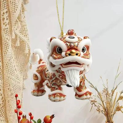 Car Pendant with Metal Chain Lion Dance Design Plush Fabric Car Charm Keychain Bag Accessory Good
