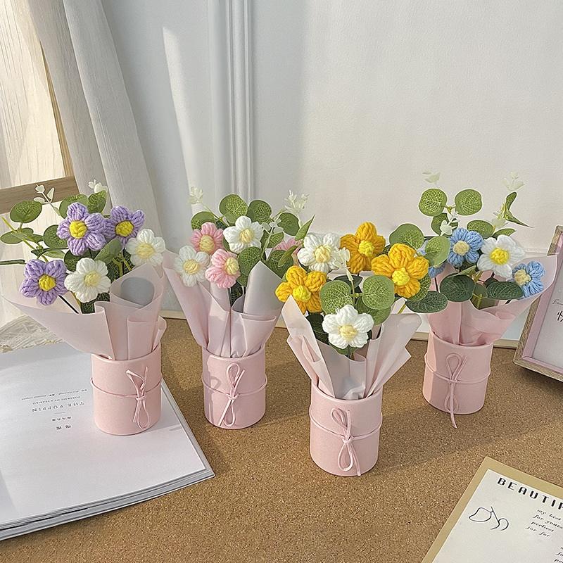 1Pcs Handmade Crocheted Bucket Bouquet Daisies Braid Mother'S Day Valentine'S Day Birthday Wedding Home Decoration