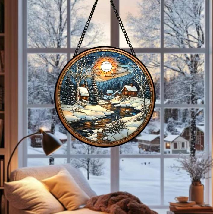 Dropshipping Snowscape Christmas Gifts Round Stained Glass Ornament Wind Chimes Wall Art Pendant Sun Catcher
