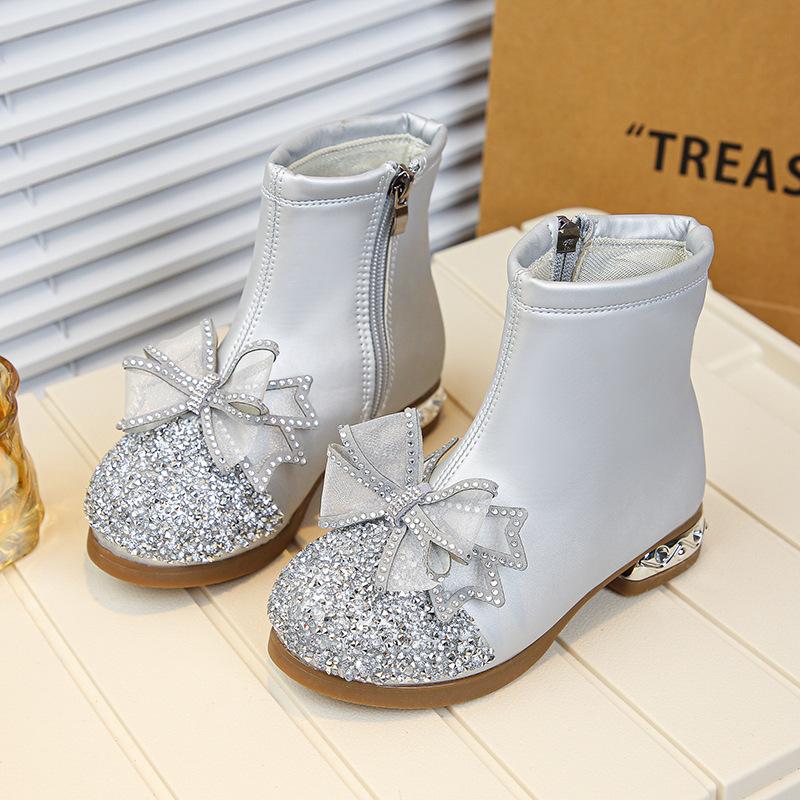 Automne Bottes En Cuir Diamantées à Eau Pour Enfants Semelle Épaisse Antidérapantes Bottines Filles à Lacets Simples Polyvalentes Bottes Décontractées Enfant