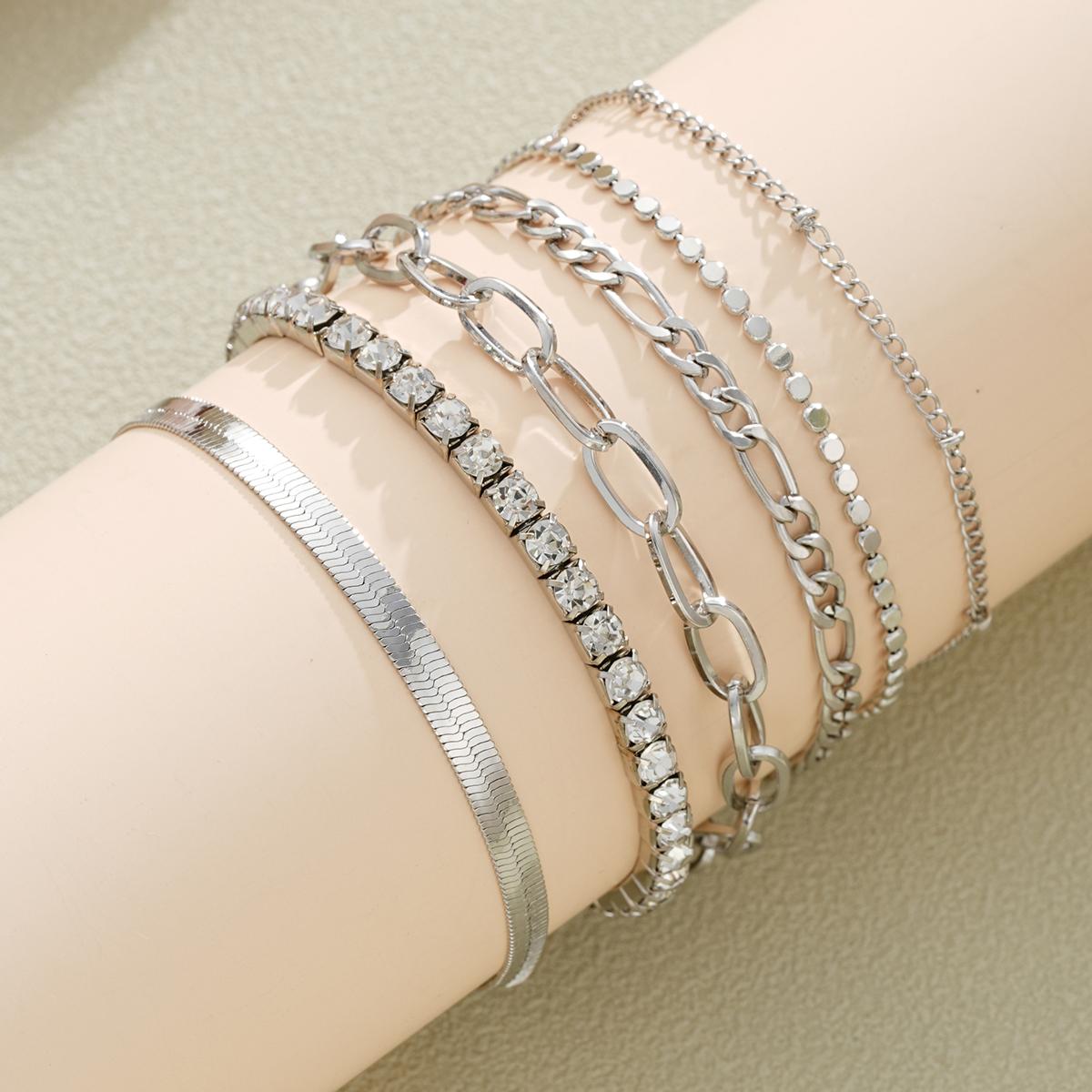 New 6Pcs/Set Boho Retro Cuban Chain Bracelets Gold Silver Color Zircon Hollow Bracelets Sets For Women Daily Wear Jewelry Gifts