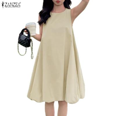 Vestido Casual Feminino de Verão Sem Mangas com Decote Redondo