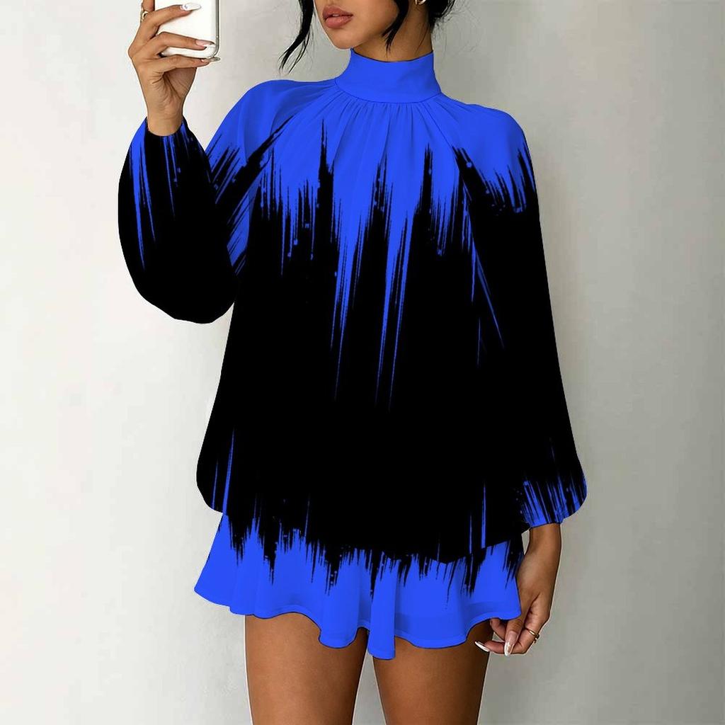 Women's 3D Gradient Brushstroke Print Mock Neck Long Sleeve Dress, Raglan Sleeve Fake Two Piece Mini Dress