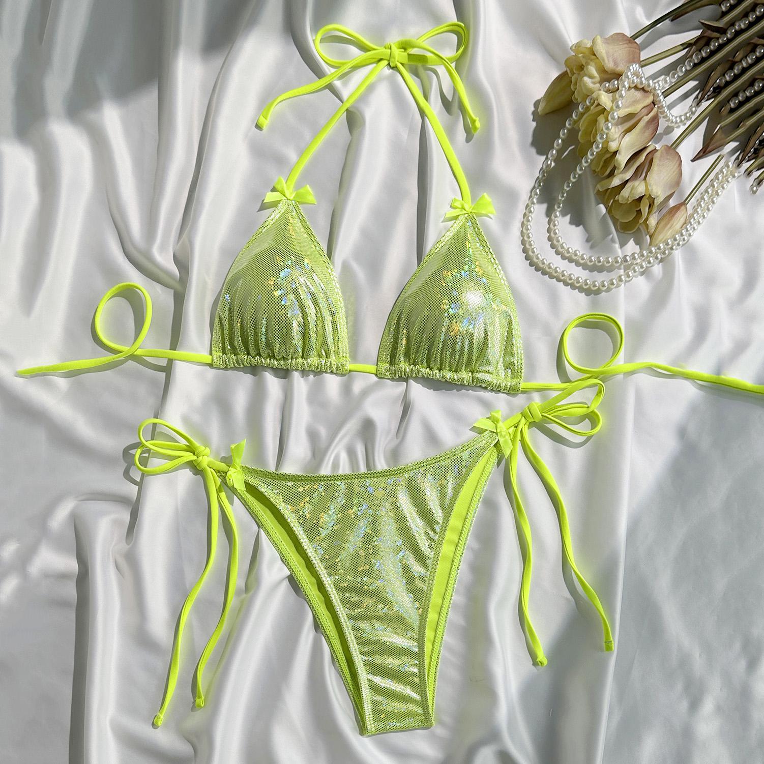 

Purple Shiny Bow Swimwear Sexy String Halter Micro Bikini Thong Swimsuit Woman 2026 Bathing Suit Triangle Bikinis Sets L світло-зелений колір