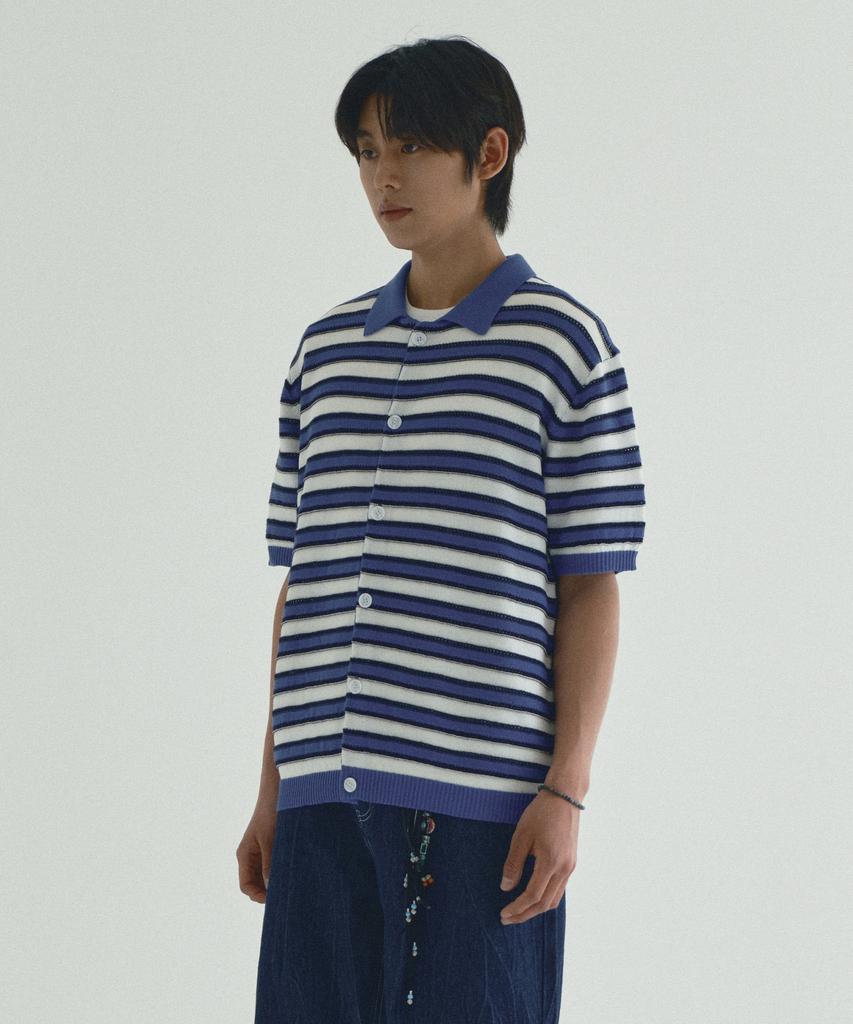 Ecorr Striped Collared Short Sleeve Cardigan_Blue