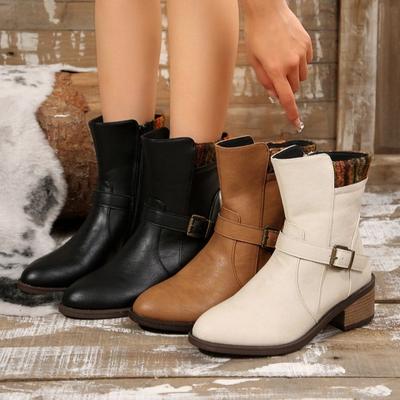 Side Zipper European and American Autumn and Winter Motorcycle Boots Short Boots Heel Martin Boots Women's Boots Belt Buckle Low Black