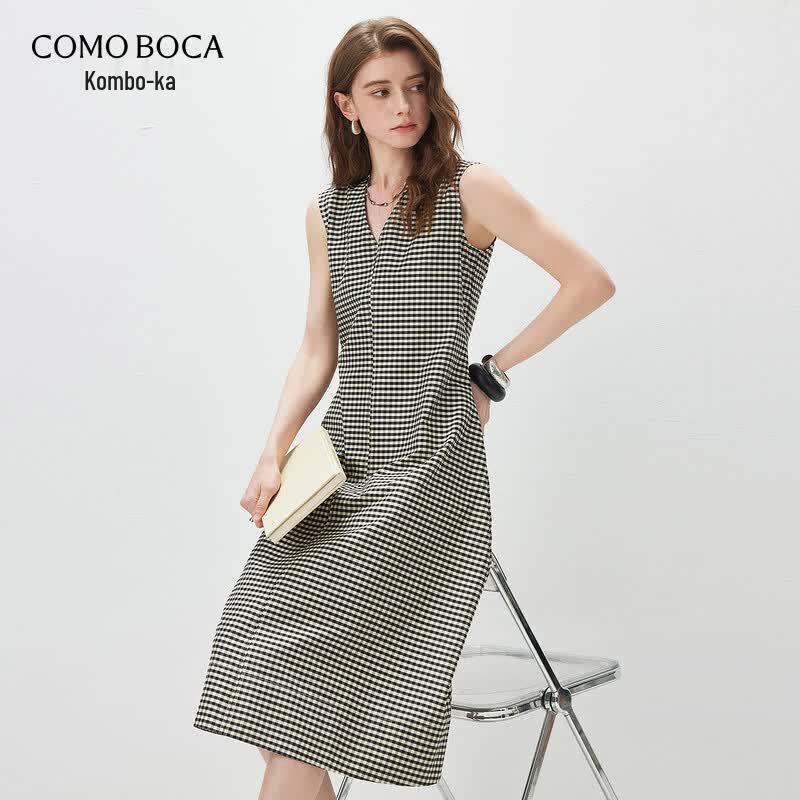 Women s Mulberry Silk Blend Plaid V-Neck Sleeveless A-Line Dress XL