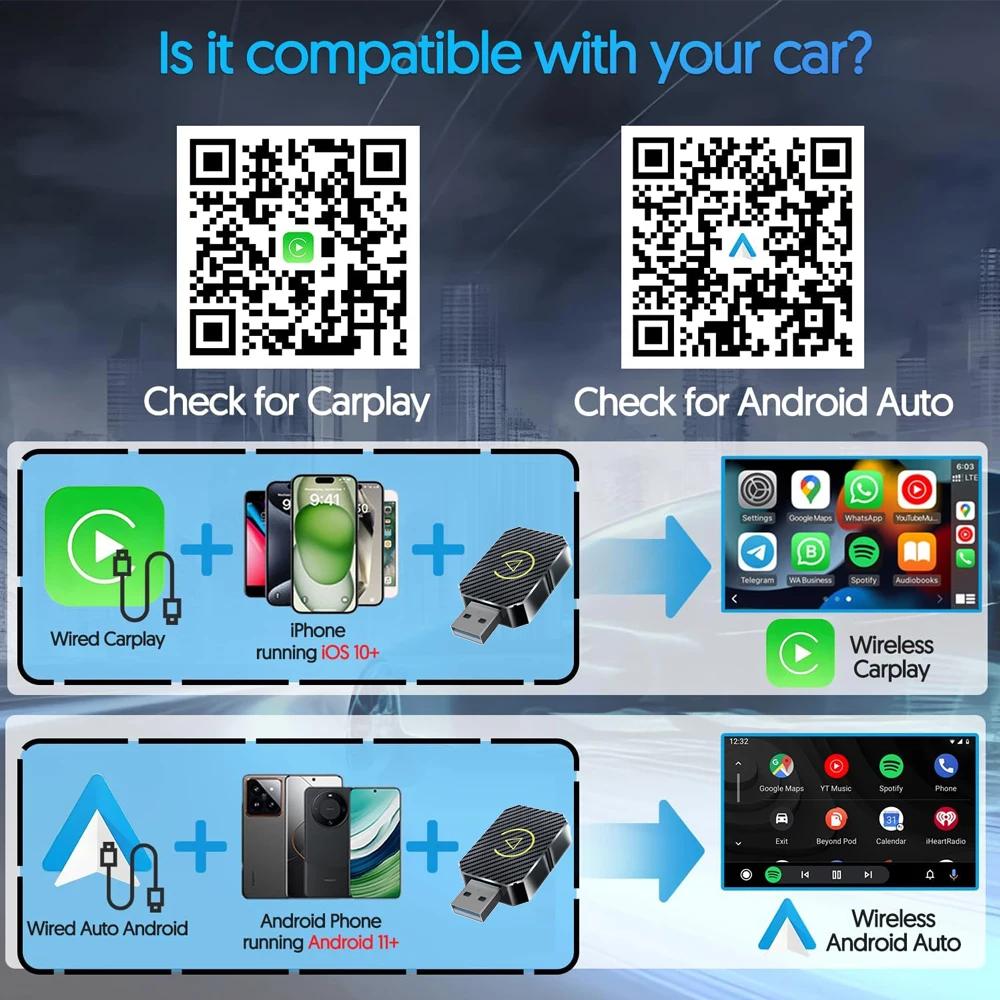 2 IN 1 Wired to Wireless CarPlay Android Auto Adapter USB Dongle Smart Mini Box Plug & Play For VW Toyota Nissan Honda Ford Benz