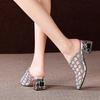 Crystal Half Slippers Female Thick Heels 2024 New Summer Fashion Outside Wear Medium Heel Mesh Cool Female Soft  Baotou Sandals