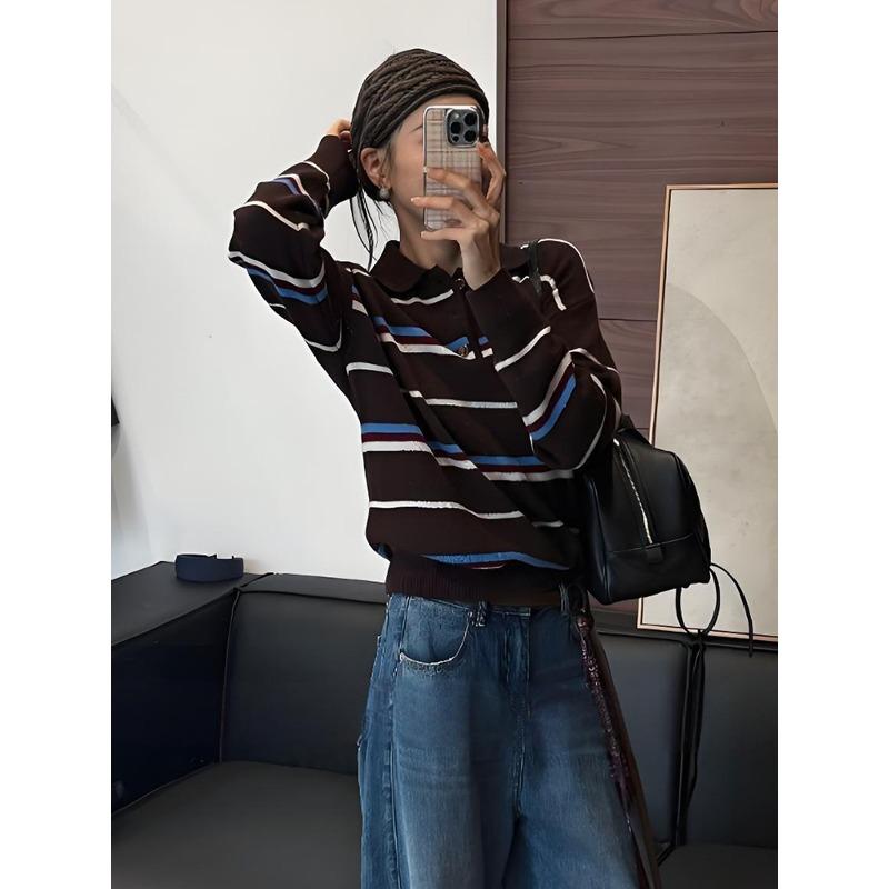 Premium contrasting striped knitted sweater temperament polo collar niche sweater women's autumn and winter new retro long-sleeved top