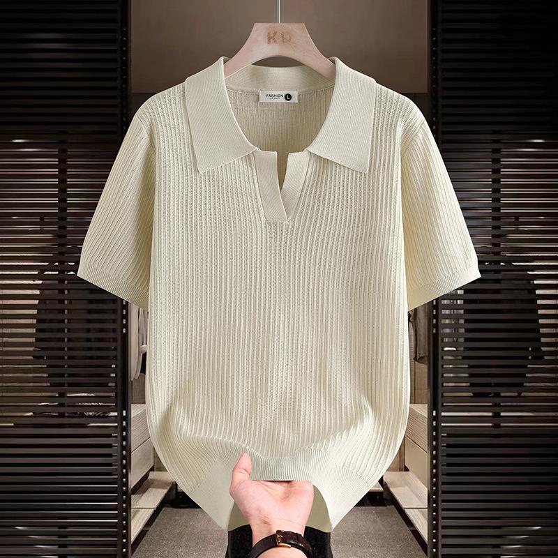 Men s Cream Ribbed Knit Short Sleeve Polo Shirt M абрикосовый
