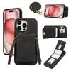 For iPhone 16 Pro Case Card Holder Kickstand Leather+TPU Phone Cover with Shoulder Strap