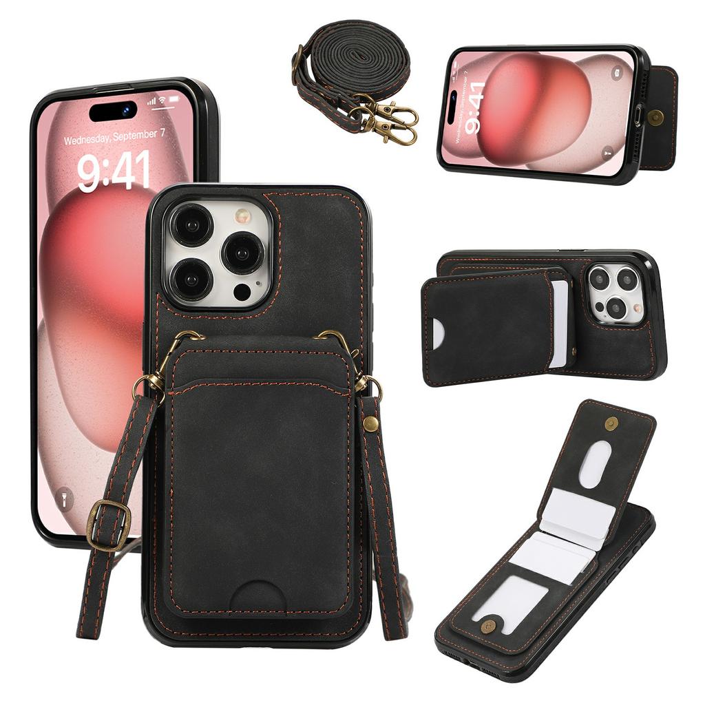 For iPhone 16 Pro Case Card Holder Kickstand Leather+TPU Phone Cover with Shoulder Strap