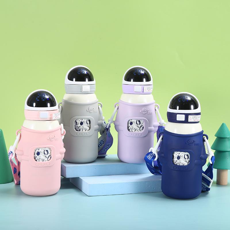 Cartoon Smart Temperature Display Thermos Cup Student Silicone Cover Portable Water Cup 316 Stainless Steel Children'S Learning Drinking Straw Cup