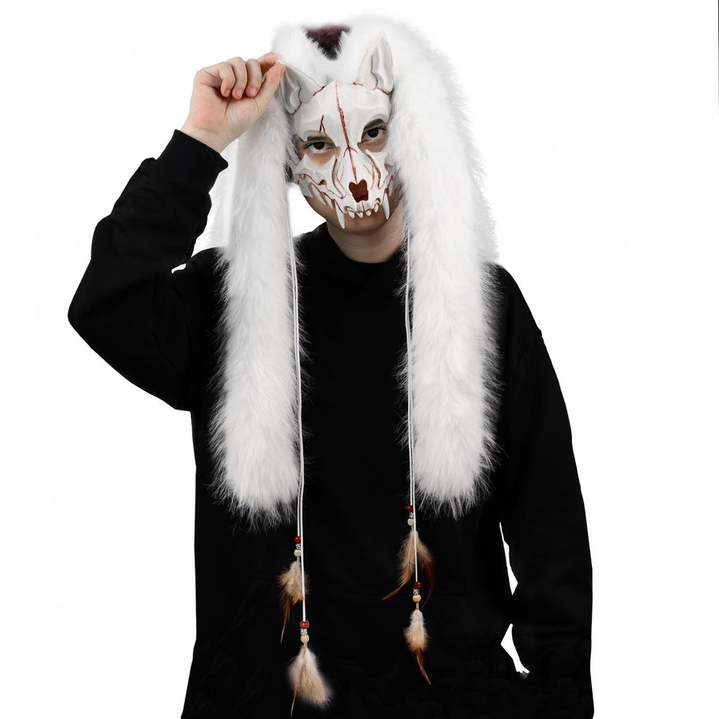 Halloween Karneval Mode Tiermaske Wikinger Fuchsmaske mit Kunstfell Kopfschmuck COS Werwolf