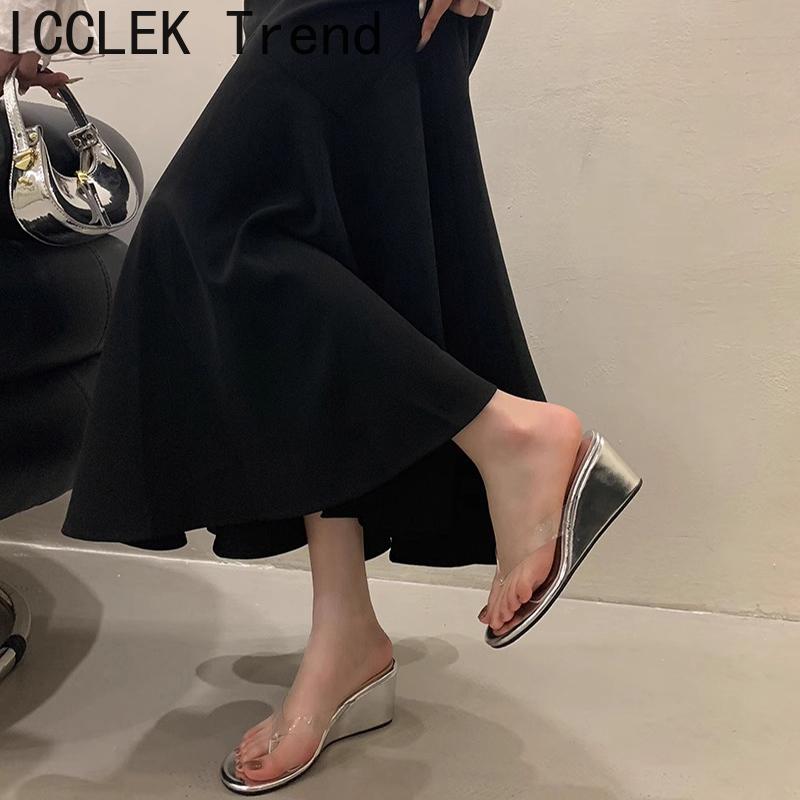 New Summers Wedges Heel Women's Slipper Fashion PVC Transparen Clip Toe High Heels Party Dress Slides