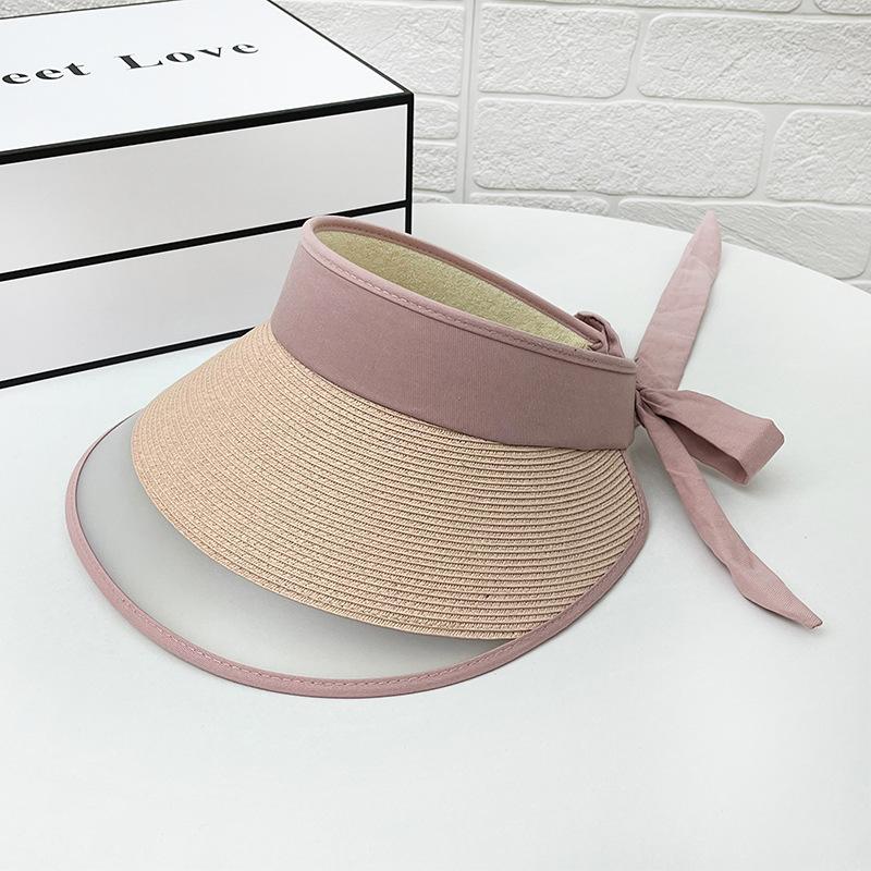 Sunscreen hat women's summer empty top hat straw braided splicing bow sunshade purple line travel no top sun hat