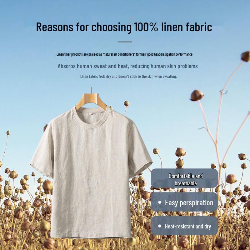 SHANSHAN Men's 100% Linen Short Sleeve T-Shirt