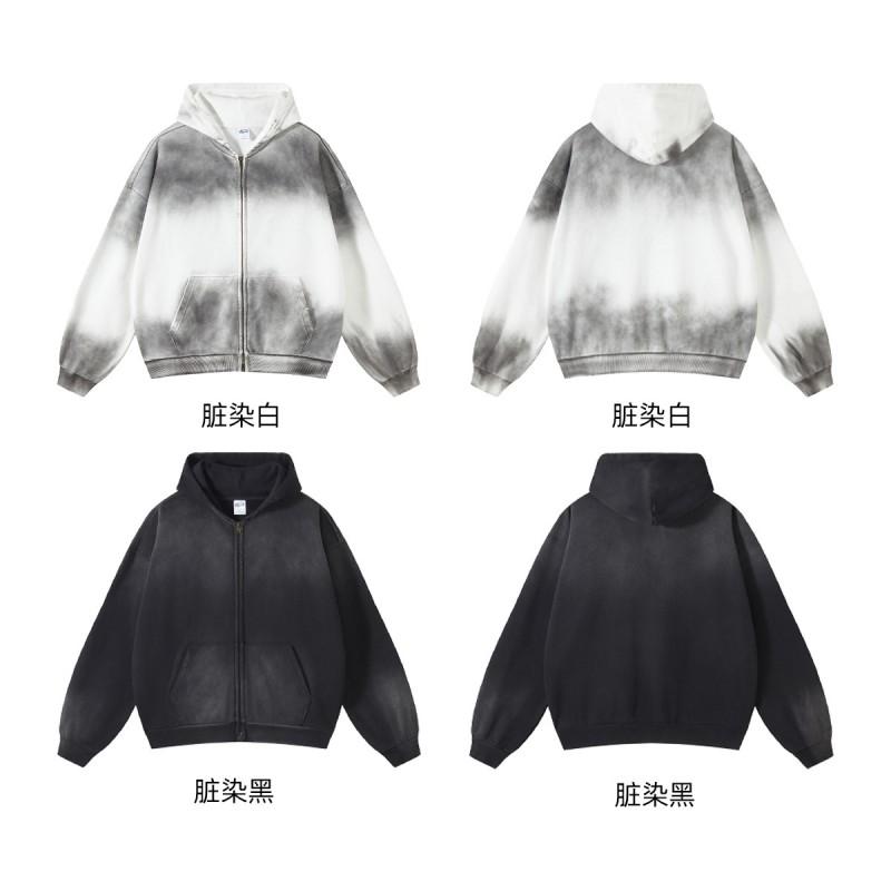 Oversized Cotton Hoodie With Dual Zipper Washed Vintage Gradient Print Unisex Streetwear Sweatshirt Fall