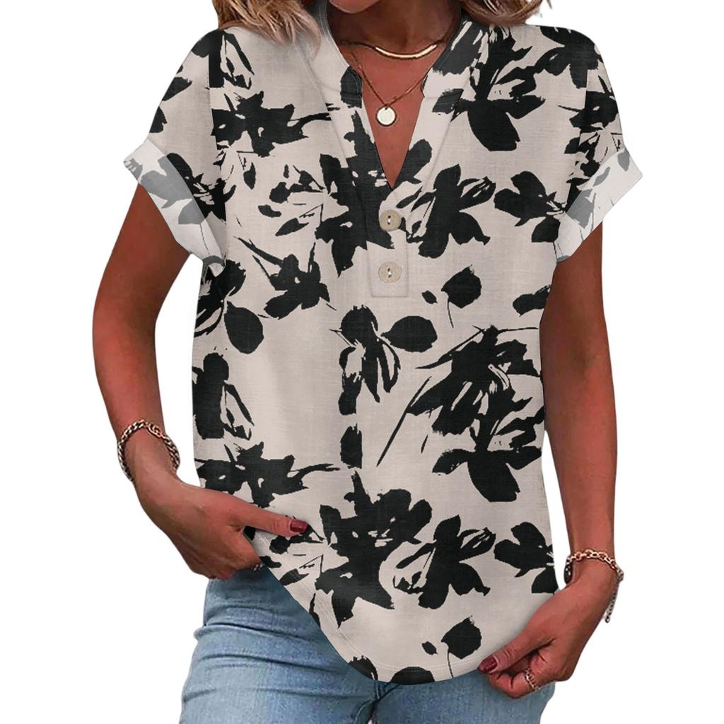 Ladies Casual Fashion V-Neck Button Floral Print Short Sleeve Top