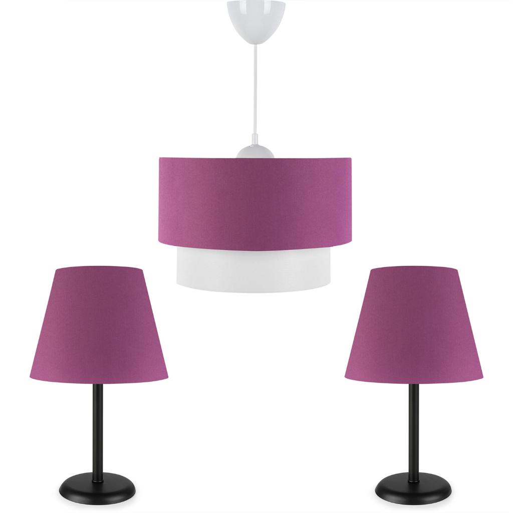 

Art Black Metal Body Triple Chandelier and Lampshade Set Purple Fabric