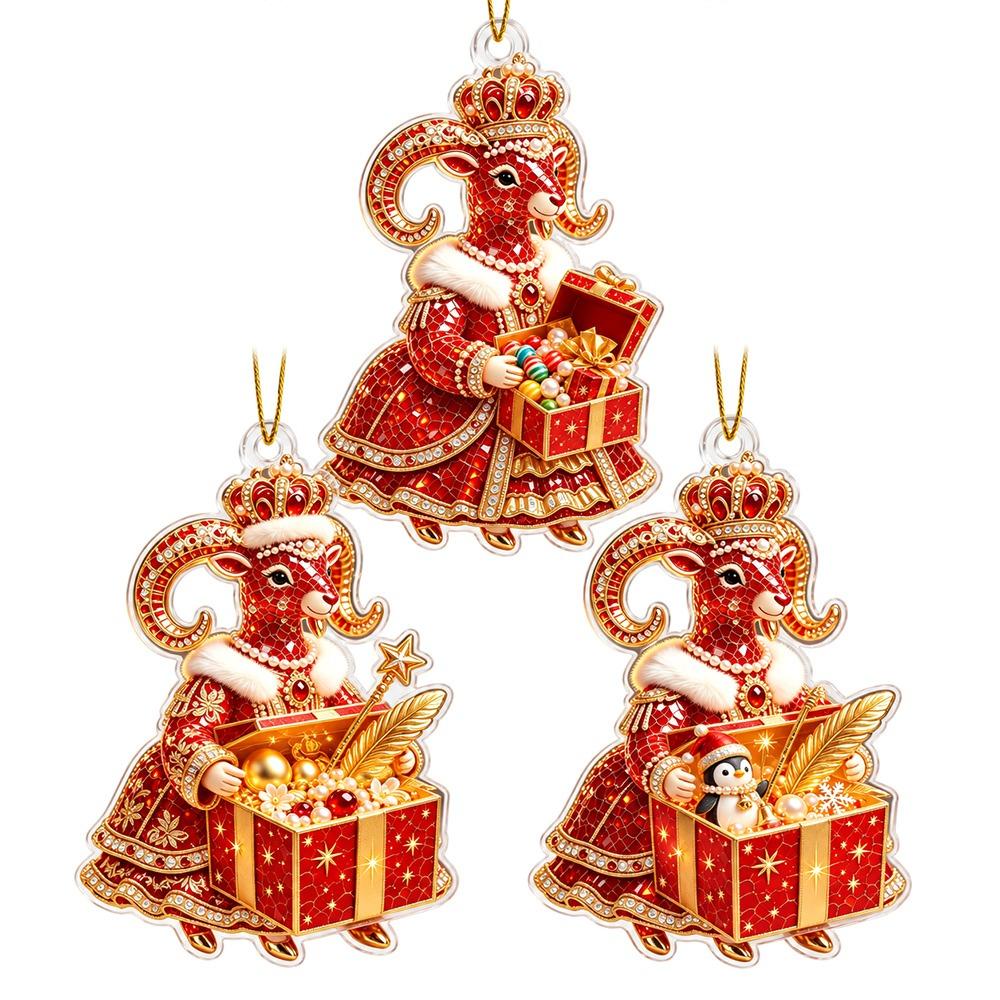 2D Flat Goat Hanging Ornament Set Acrylic Shining Goat Pendant Simulation Artificial Rhinestone Keychain Holiday Party Decor