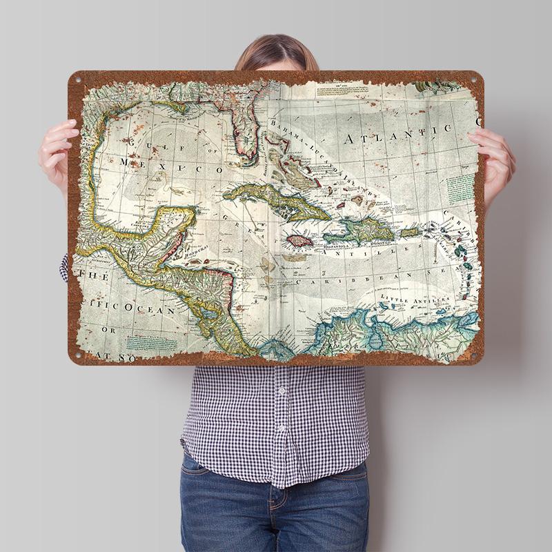 Antique Map of the Caribbean and Americas Printed Poster Customized Wall Art Retro Vintage Metal Tin Signs for Room Coffee Bar