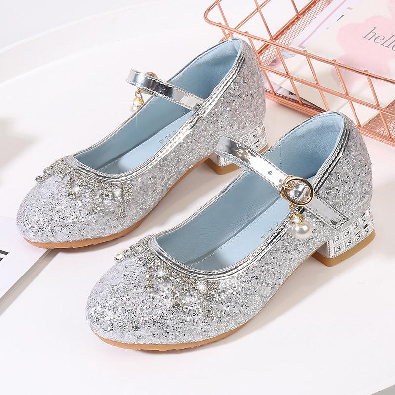 Princess Girls' Sequined High Heels - Soft, Non-Slip Leather Shoes for Spring and Autumn