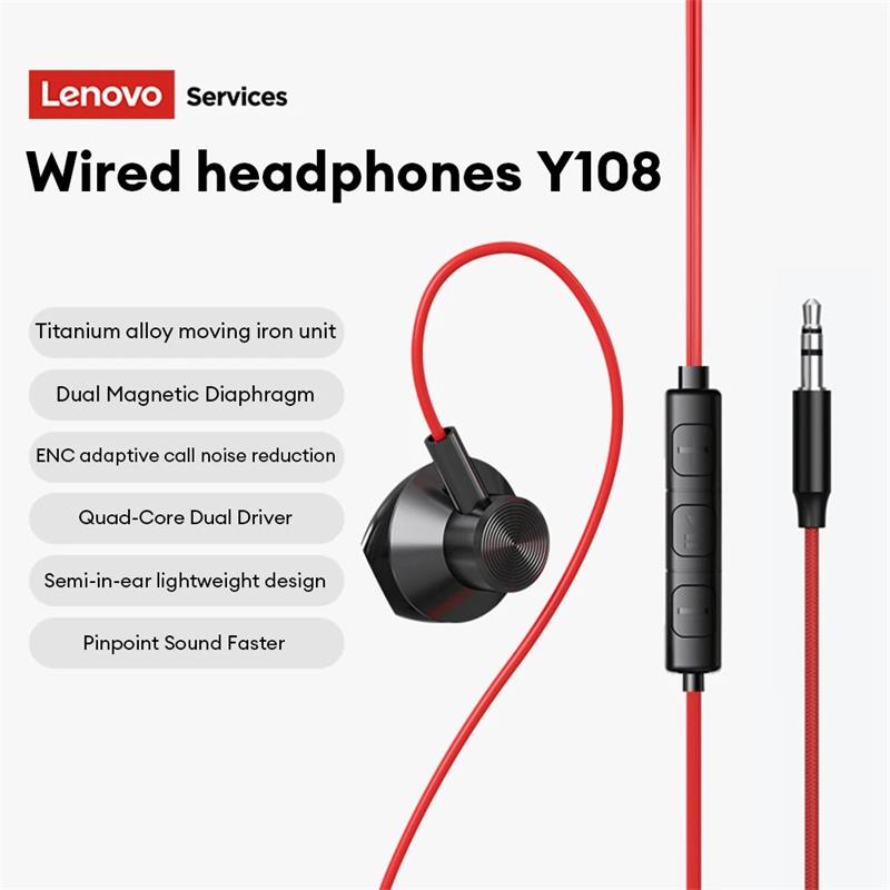 

Lenovo Провідні навушники Y108 Напіввкладиші e-sports Навушники 3,5 мм Type-C Шумозаглушення Стерео Музичні навушники М який силікон Комфортне носіння Гарнітура 3.5mm чорний