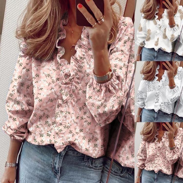 Floral Printed Ruffle Letter Fashion Long Sleeve Women Tops Shirt