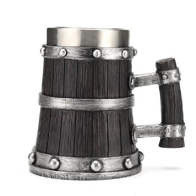 Viking Wood Style Beer Mug 600ml 3D Resin Coffee Cup Wine Glass Metal Double Wall Beer Jug Cup Thermal Cocktail Accessories