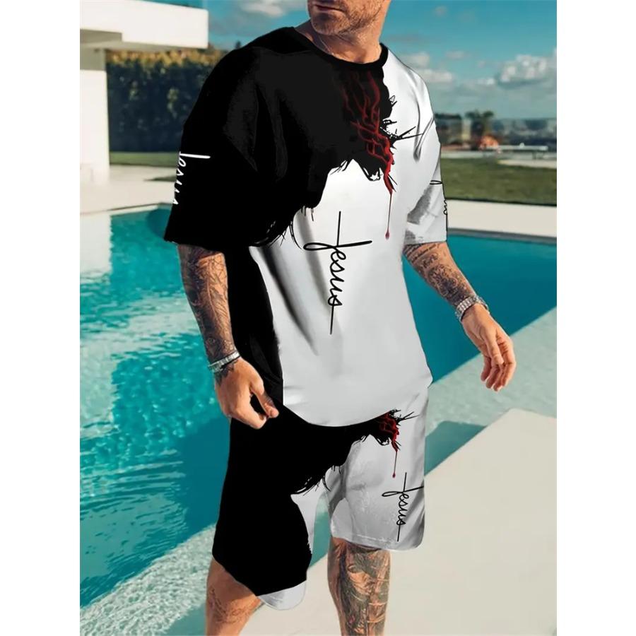 

Fashion New Plus Size Men s Suit Cross Jesus Printed Suit Summer Cool Breathable Short Sleeve Drawstring Shorts Faith Clothing 6XL