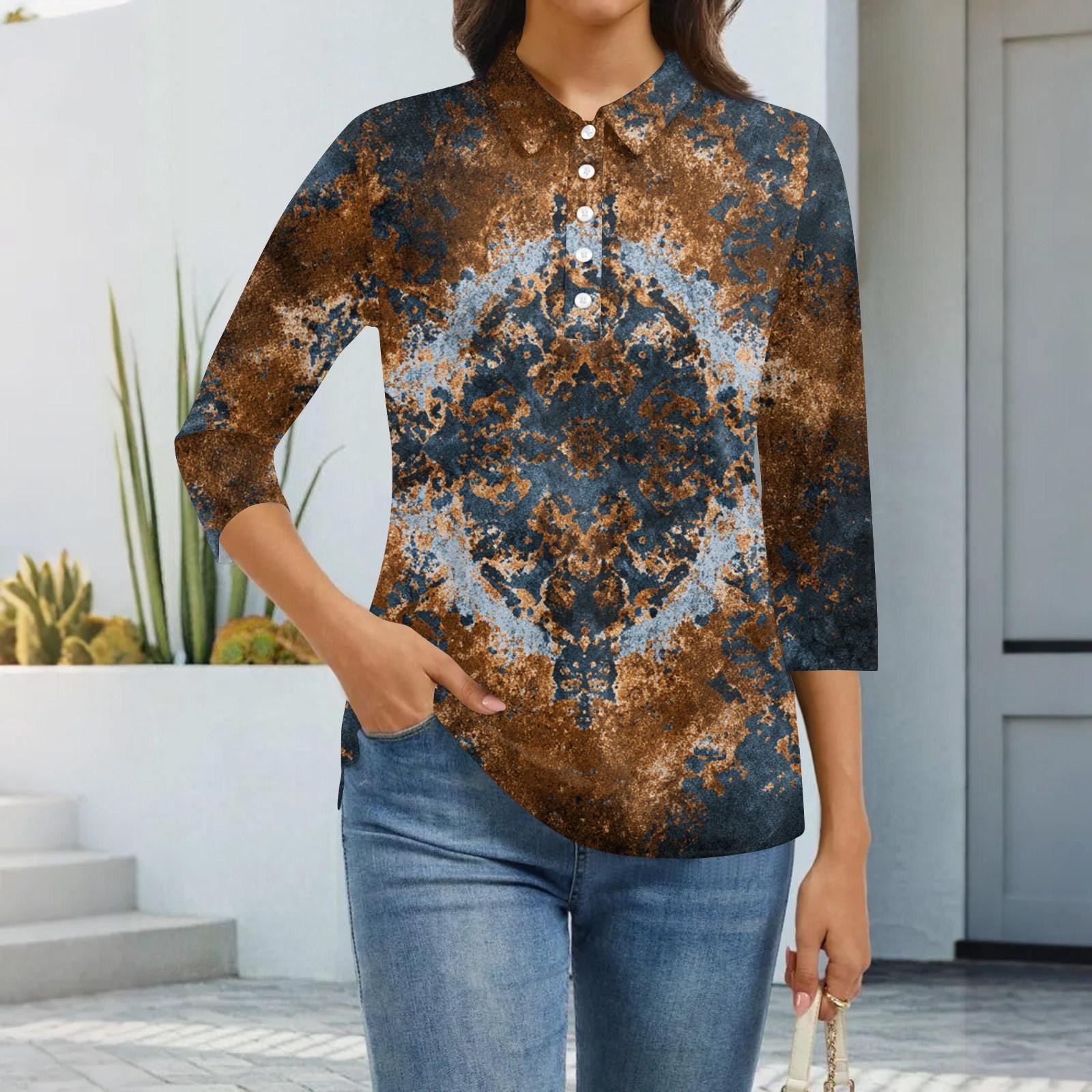 

Женская модная повседневная рубашка с лацканами и рукавом 3/4 с принтом, женские топы на пуговицах L