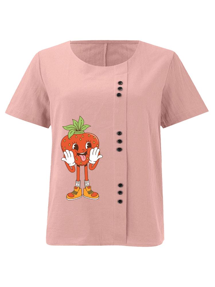 Women s Fashion Strawberry Humanoid Print Round Neck Short Sleeve T-shirt Summer Casual Cotton Linen Graphic Shirt Leisure Loose Blouse Tops S