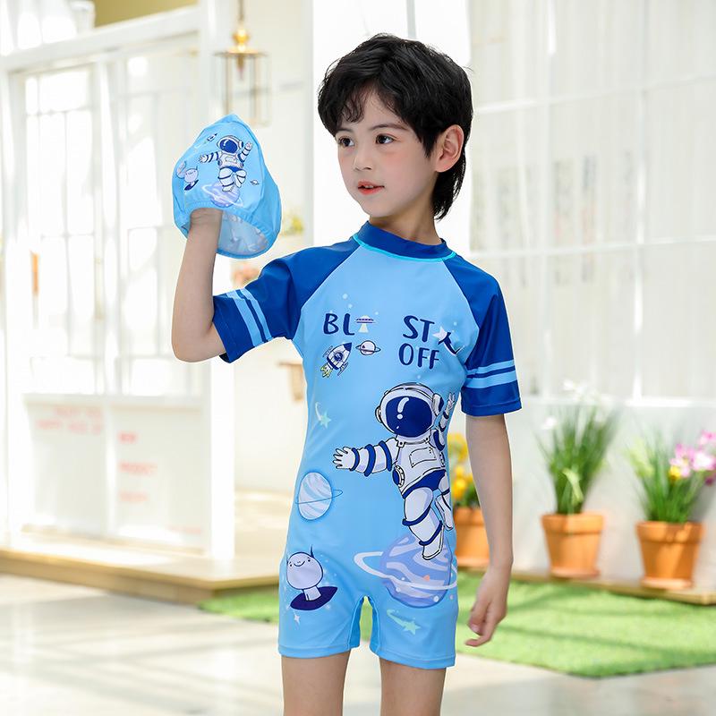 Children's Boys' One-Piece Short-Sleeve Swimsuit: Medium & Large, Quick-Dry, UV Protection