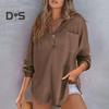 Women Tops Lapel Buttons Half Placket Long Sleeve Pullover Tops Solid Color Waffle Texture Stretchy Blouse Daily Wear