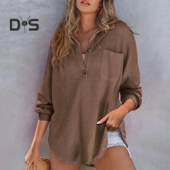 Women Tops Lapel Buttons Half Placket Long Sleeve Pullover Tops Solid Color Waffle Texture Stretchy Blouse Daily Wear