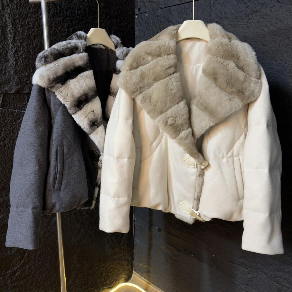 New Rex Rabbit fur collar short down jacket women's white goose down filled horn buckle design light luxury coat