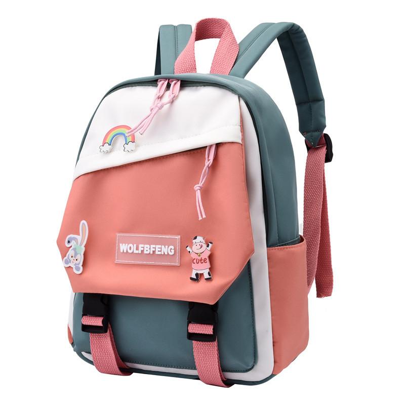 Blocked Simple Color Children Backpack Student  With Cartoon Badge School For
