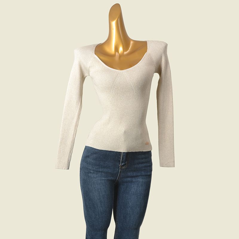 Single French Style V-neck Low-Cut Thread Knitting Bottoming Shirt Women's Spring New Arrival Gold and Silver Silk Slim Fit Slimming Long Sleeves