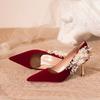 Lovely Pumps Female Slip On Thin High Heels Pointed Toe Wedding Women Shoes Crystal Flower Bling Square Buckle Summer Shoes