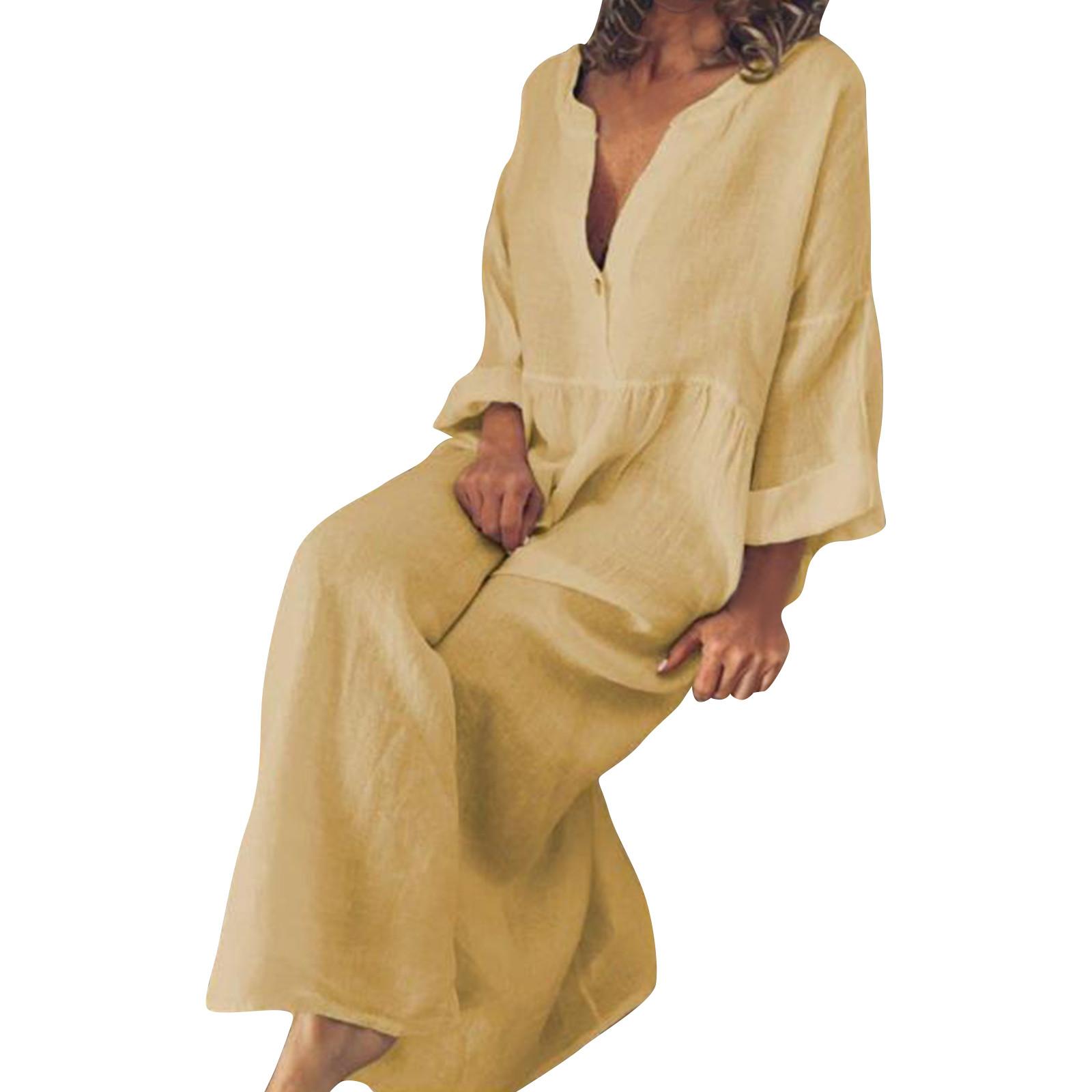 

Женское однотонное платье из хлопка и льна с длинными рукавами и v-образным вырезом с широким подолом