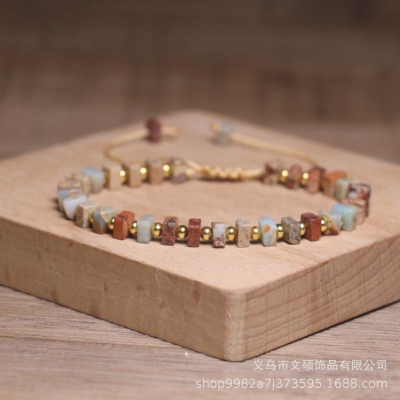 Mixed Natural Stone Square Bead Bracelet – Gold Accent Adjustable Boho Jewelry, Earthy Healing Gift for Women