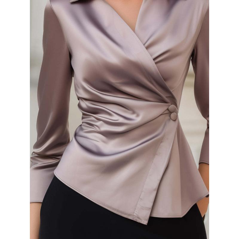 Women Autumn Solid Satin V‑Neck Blouse Elegant Long Sleeve Wrap Shirt Slim Waist Asymmetric Hem Office Ladies Top