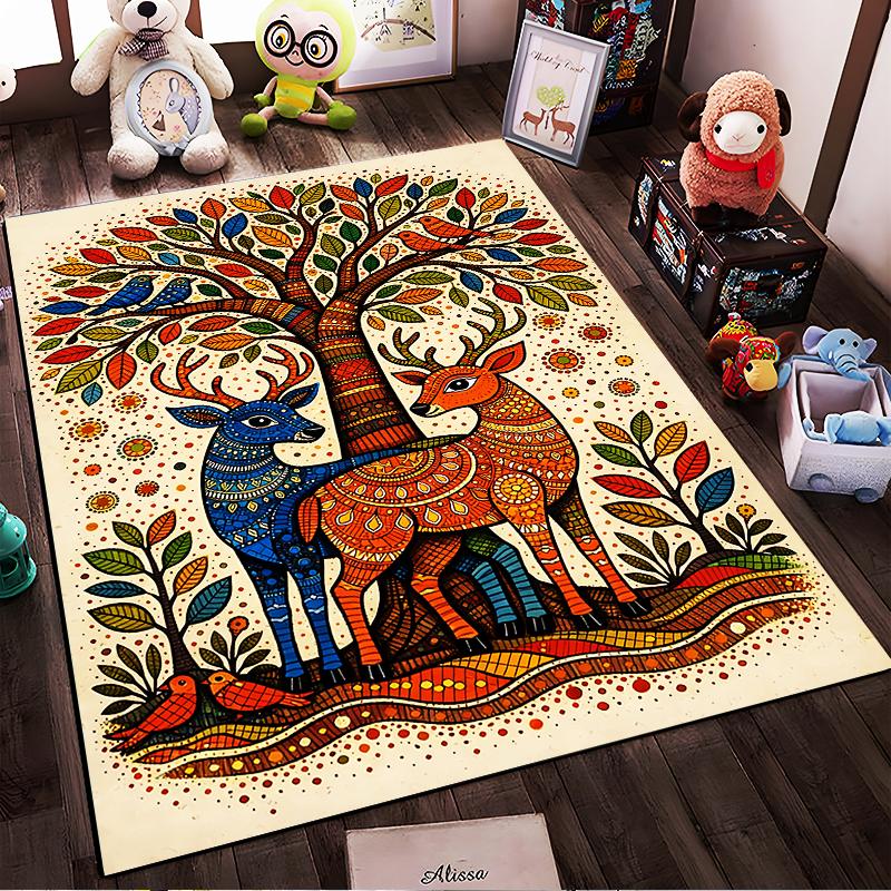 Colorful Deer and Tree Pattern Carpet with Vibrant Boho Art Design Suitable for Use As an Anti-slip for Living Room Bedroom Sofas