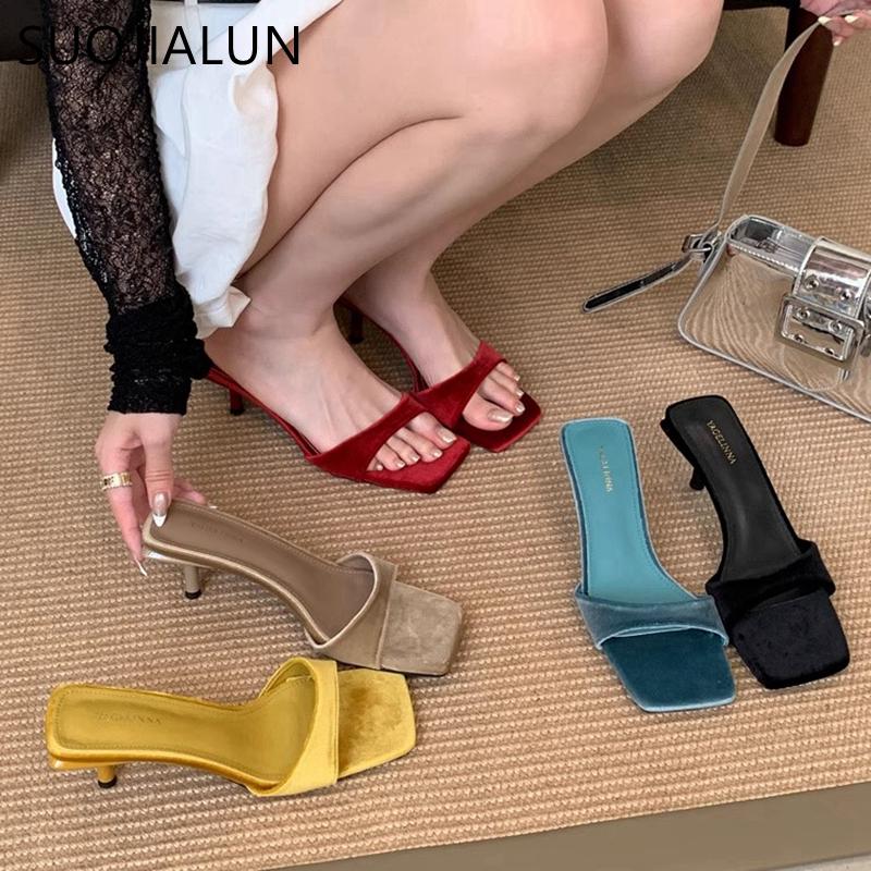 Fashion SUOJIALUN 2025 Summer New Brand Women Slipper Fashion Shallow Slip On Slides Square Toe Thin High Heel Dress Pumps Sandal