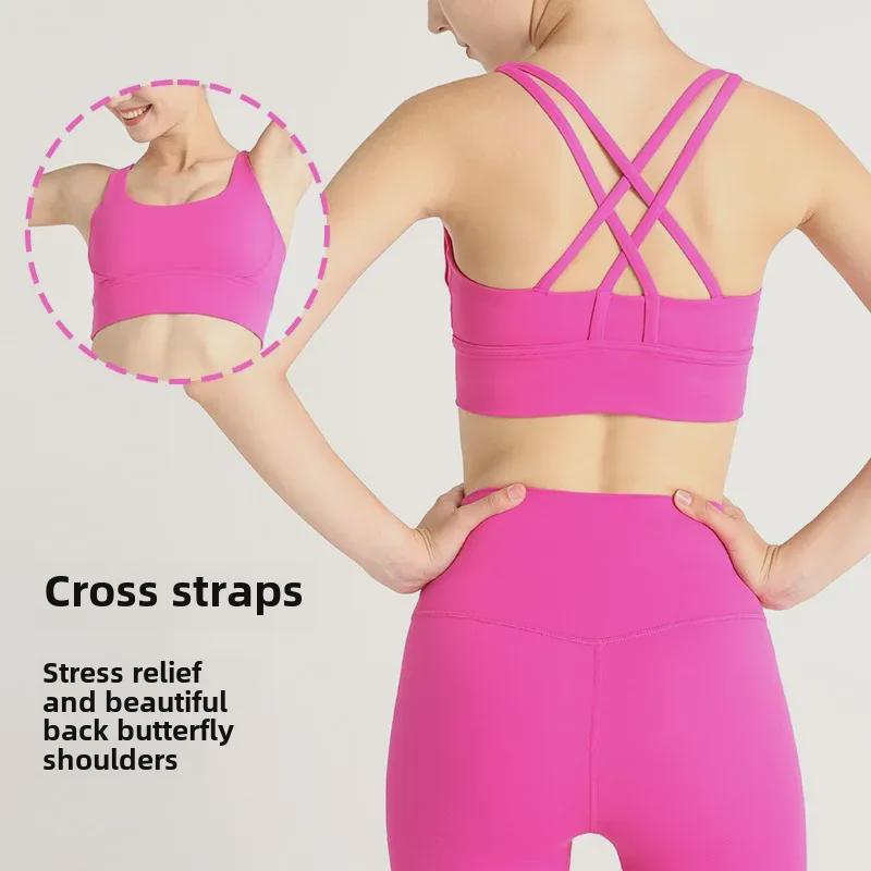 European-American Style Cross-Back Sports Vest: Shock-Absorbing Gathered Sports Bra & Nude Yoga Top for Women